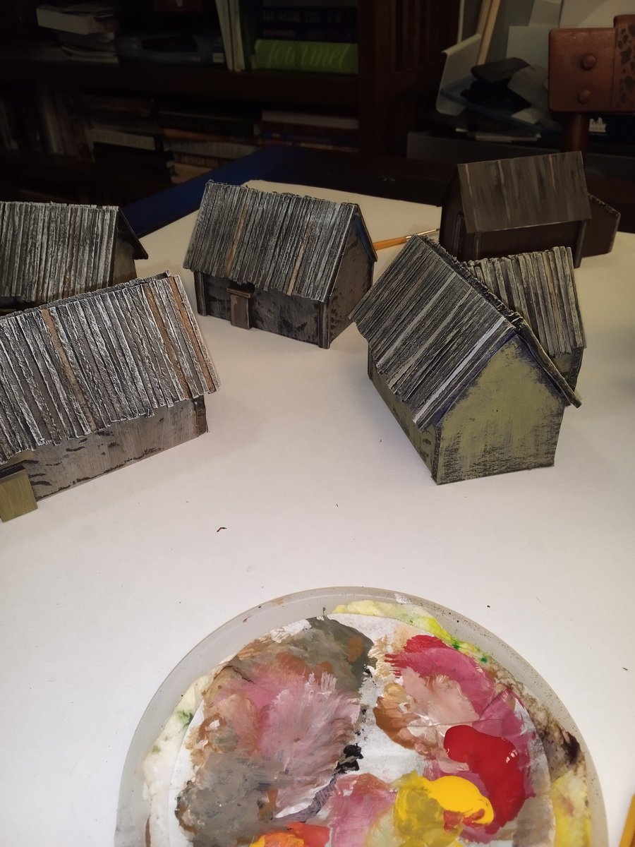WargameCulture's tweet image. Tonight's painting table, finished up 6 new 15 mm buildings.
#scratchbuild #WGCHobby24