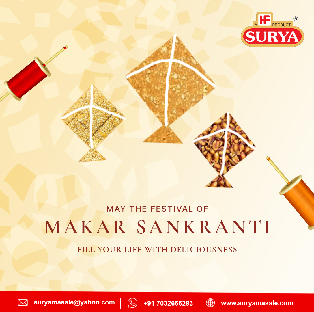 Soak in the warmth of Surya Masale's vibrant flavours as we soar high with joy this Makar Sankranti!  May the harvest season bring prosperity, and filled your life with the sweetness of til-gul. Happy Makar Sankranti from the heart of Surya Masale!
#suryamasale #makarsakranti