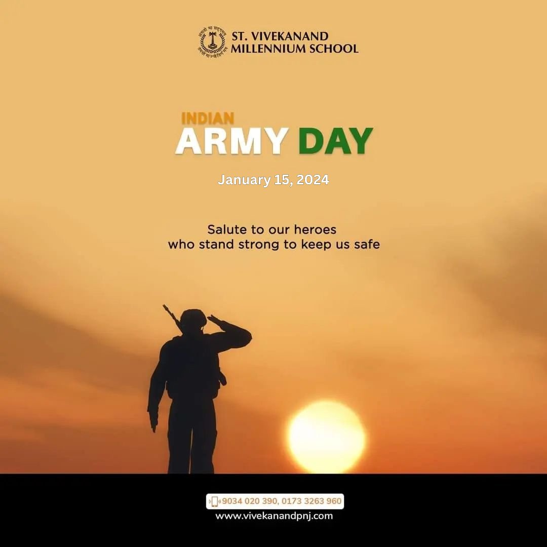 SVMS_Pinjore's tweet photo. Saluting the indomitable spirit of the Indian Army on #IndianArmyDay 🇮🇳 Your courage and dedication inspire the nation. 🙌 

Let's stand united and proud, celebrating the brave hearts who safeguard our borders.

#JaiHind #ArmyDay2024 #IndianArmedForces #VivekanandMillenniumSchool https://t.co/0JFu3JJAri