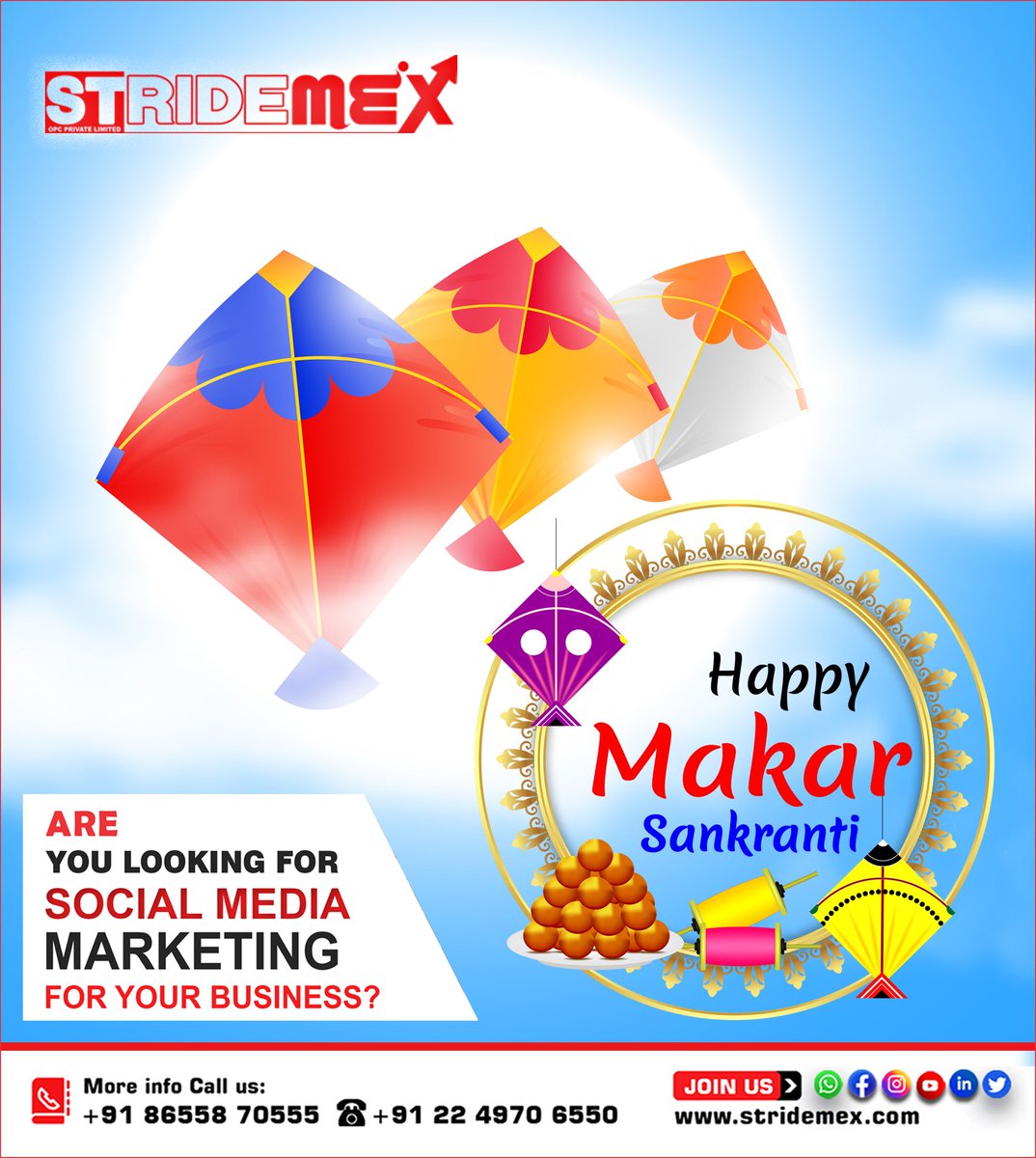 stridemex_opc's tweet photo. "Wishing you &amp; your family a Makar Sankranti filled with the blessings of the sun and the sweetness of tilgul"

Call us: 086558 70555, +91 22 4970 6550
Email Id: info@stridemex.com
Visit us: https://t.co/nwacd9DpR4

#digitalmarketingexpert #happymakarsankranti #socialmediaagency https://t.co/soxmR3zLgU