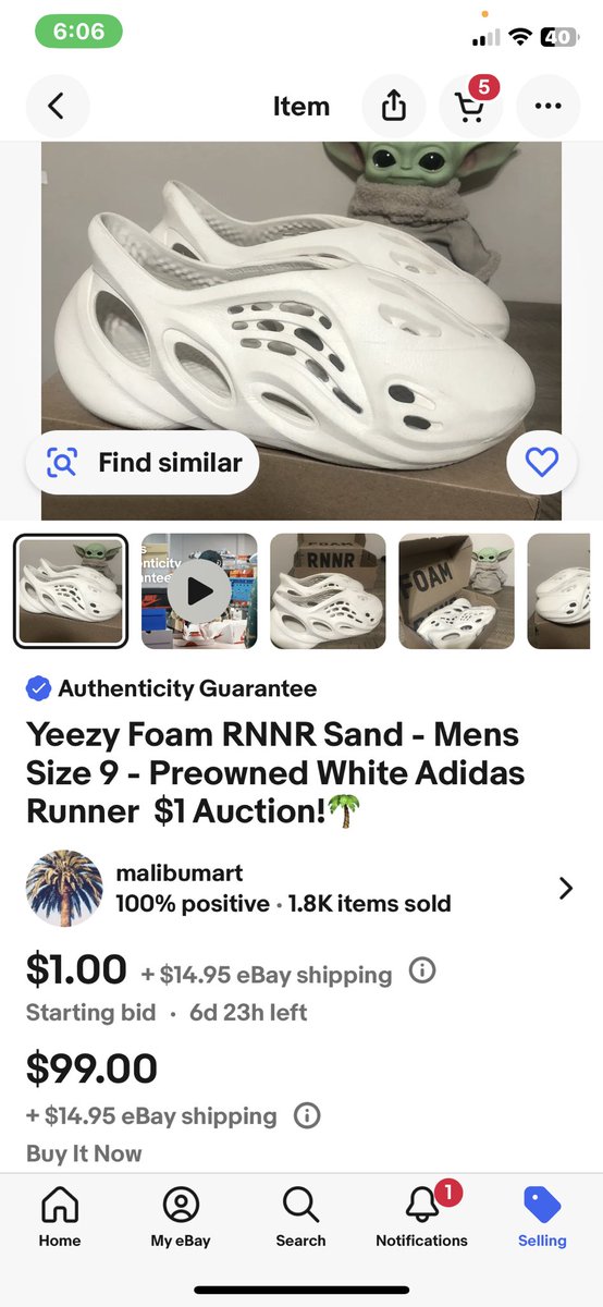 Yeezy Foam RNNR Sand - Mens Size 9 - Preowned White Adidas Runner 
$1 Ebay Auction!🌴

—-> $215 Market Price Stockx <——

ebay.com/itm/1160388370… 🎁🌴👟

#ebaysneakers #yeezyfoamrunner #foamrunner #foamrnnr #preownedsneakers #menssneakers #sneakerhead #ebay #malibumart #malibu