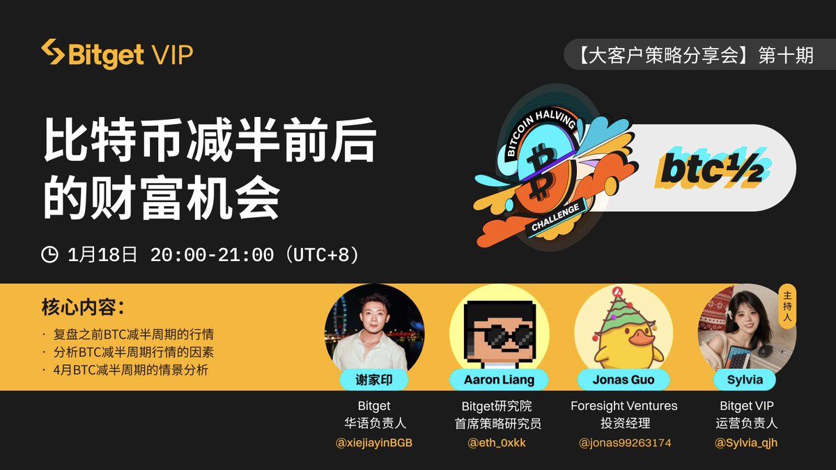 Bitget VIP私享会第十期：#比特币减半前后的财富机会⏰时间：2024年1月18日20:00-21:00（UTC+8) 🧑‍🏫特邀嘉宾：  @xiejiayinBGB @eth_Oxkk @jonas99263174 🗒核心内容： ✓复盘之前#