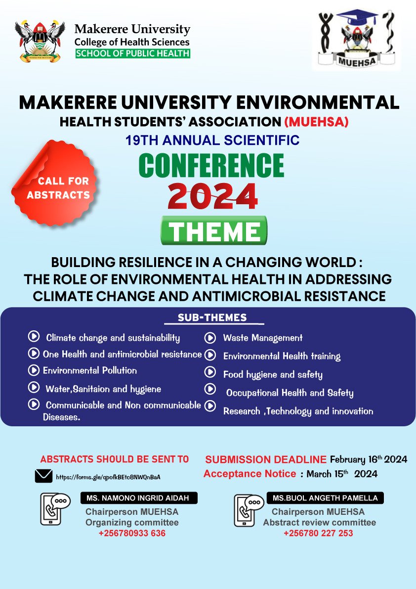 *CALL FOR ABSTRACTS.* The 19th Muehsa conference is here *Theme:* Building Resilience in a Changing World: The Role of Environmental Health in Addressing Climate Change and Antimicrobial Resistance Submit Abstracts to: forms.gle/qpofkBEtc8NWQn… #19THMuehsaCONFERENCE