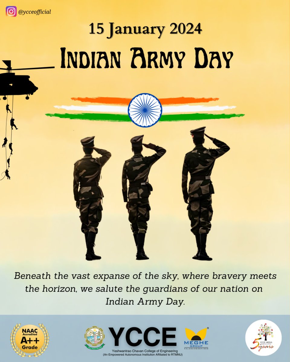 Celebrating INDIAN ARMY DAY🪖

🇮🇳🎖️Saluting the fearless warriors of the Indian Army, whose valor and dedication inspire us all. 

On this day, let's pay tribute to the guardians of our nation's borders.✊

Jai Hind! 🇮🇳🪖

Regards,
YCCE Media.
#ycce #yccemedia #IndianArmy
