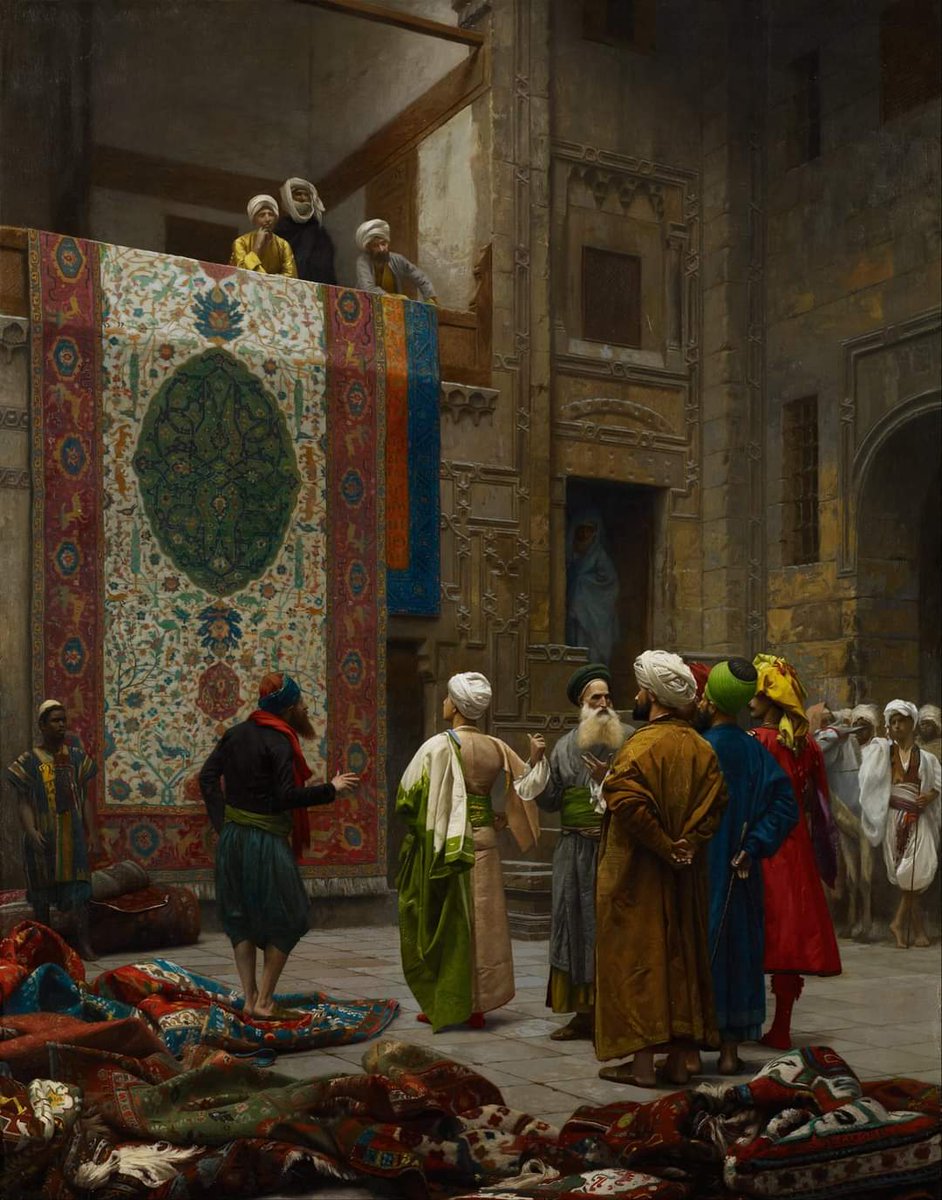 archeohistories's tweet photo. Painting of the carpet seller by French artist Jean Leon Gerom in 1887 AD, Cairo, Egypt.

Orientalists were fascinated by all details that represent Egypt's civilized history, so markets had a great share. Egypt was one of most famous places where carpets were made, and Cairo in particular and it was known for its oriental carpets.

Jerome was able, through proportionality between size of carpet and size of figures present, to give us its length, even though it was displayed in this way, there is another part that is not visible.

It is noted that exhibitors of carpet are silent while merchants discuss among themselves, perhaps talking about beauty and perfection of carpet, and perhaps competing about its price. In background of carpet, there is another carpet that shows its edges and suggests that its colors are different and that its size is also different.

The painting is currently in the collection of the Minneapolis Institute of Art.

#archaeohistories