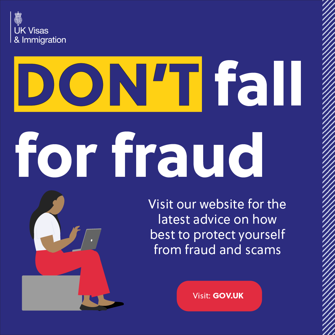 UKVIgovuk's tweet photo. Don’t Fall for Fraud! For the latest advice on how best to protect yourself from immigration and visa scams visit https://t.co/H3VKj9kFpr
#UKVisaBestpractice #Dontfallforfraud https://t.co/cL5W0y7ucj