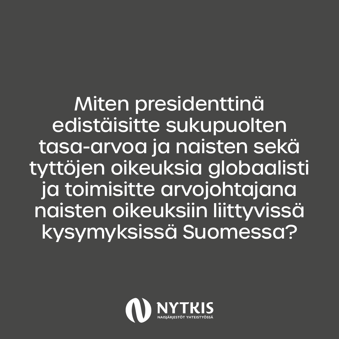 Sukupuolten tasa-arvon edistäminen edellyttää aktiivisia toimia ja presidentti on siinä näkyvä keulakuva ja arvojohtaja. Kysyimme presidenttiehdokkailta, miten he edistäisivät tyttöjen ja naisten oikeuksia niin Suomessa kuin globaalisti. 

Lue vastaukset: nytkis.org/ajankohtaista/…