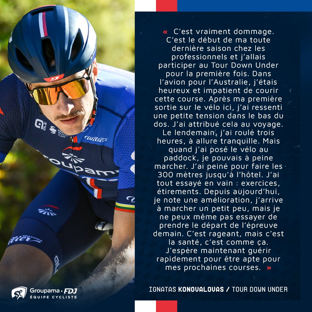 En raison de lombalgies aiguës, Ignatas Konovalovas n'est pas en mesure de prendre le départ, demain, du Tour Down Under.