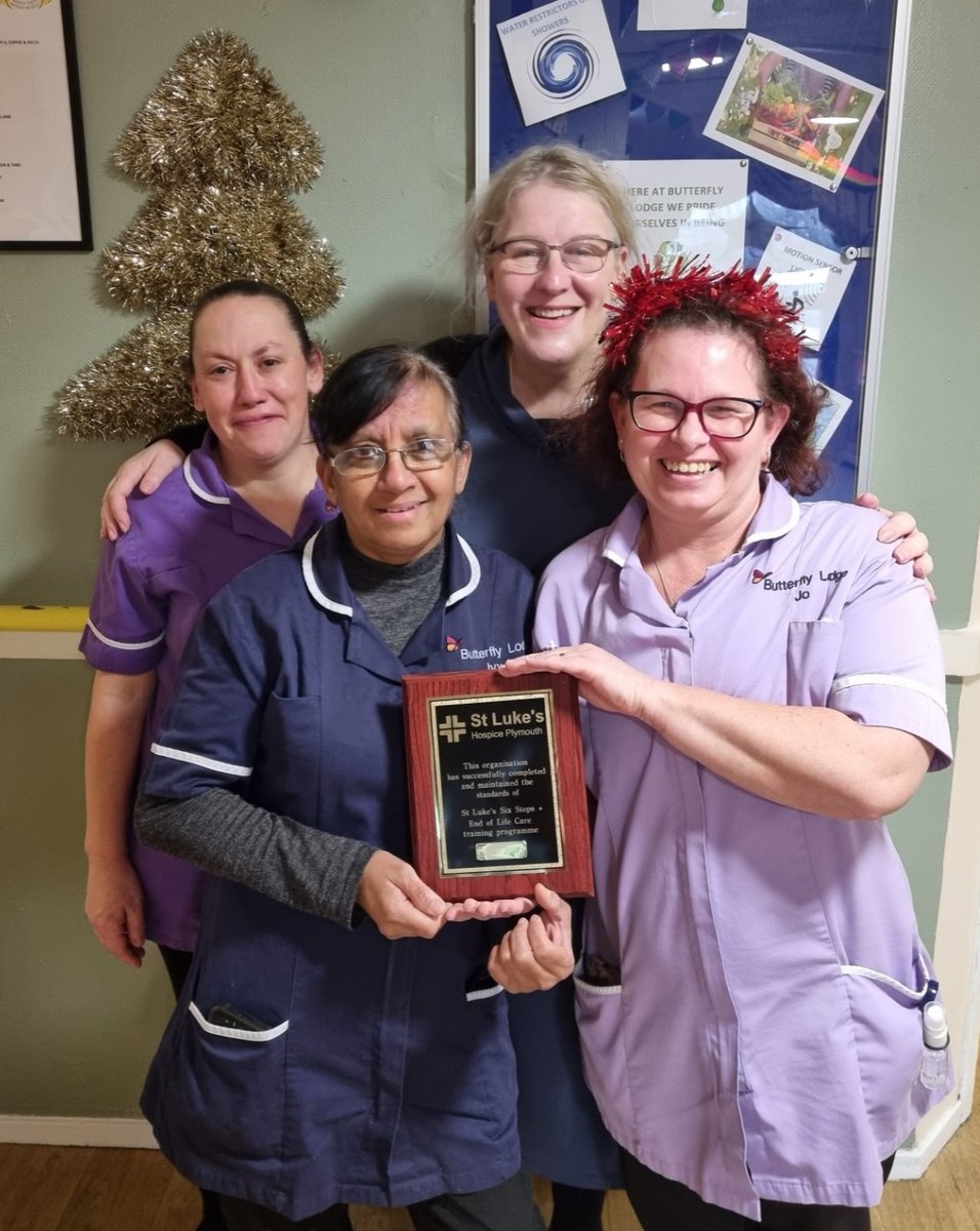 CamelotCare's tweet photo. Huge congrats Clare, Ivorine, Michelle & Joanne at Butterfly Lodge, recognised for delivering excellent #end-of-life care by @stlukesplymouth - 4th consecutive time for staff at the home! - for their excellent implementation of the #SixSteps + programme 👍🙏
#DementiaCare #Devon https://t.co/MVsIJ4kd7H