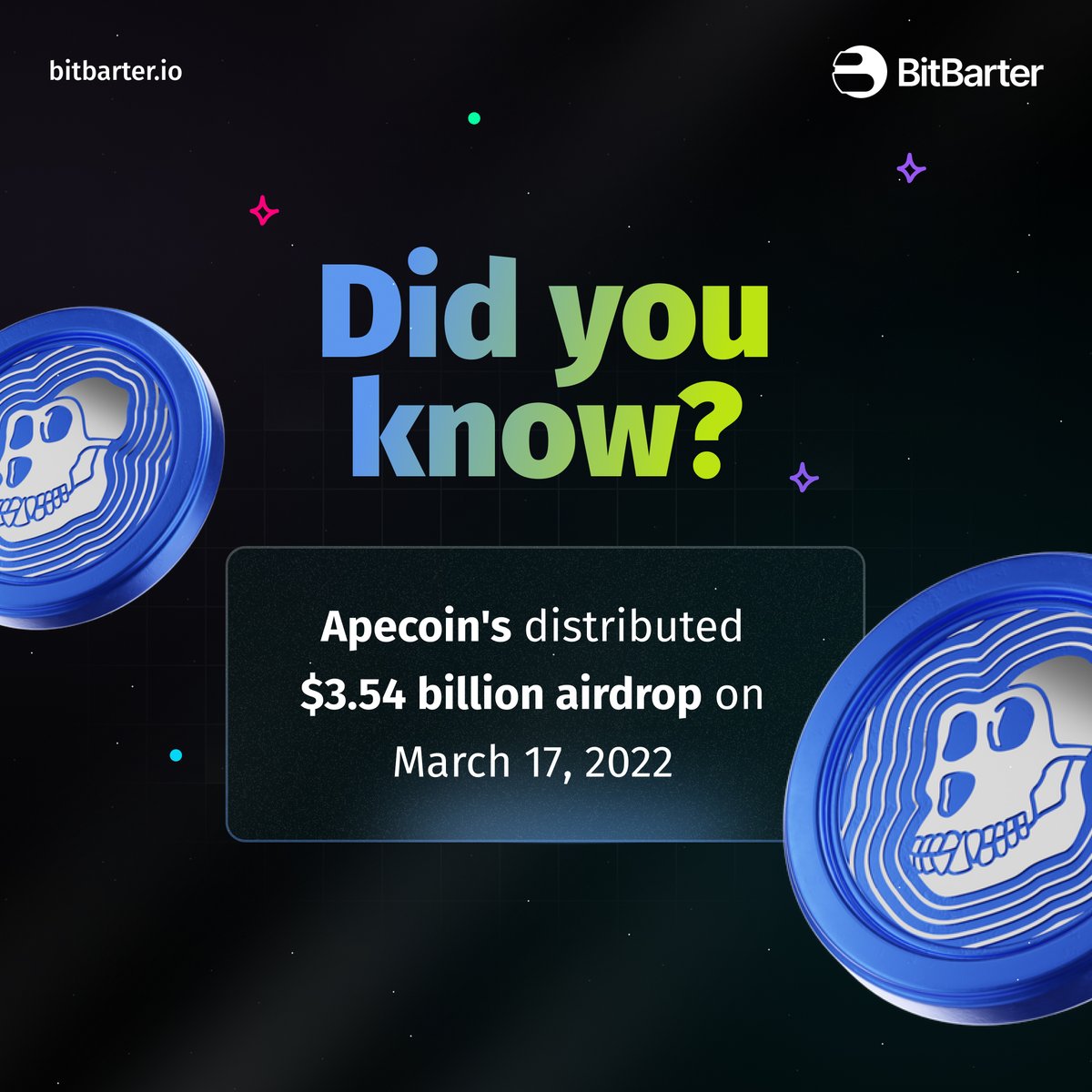 TheBitbarter's tweet photo. Apecoin's distributed $3.54 billion airdrop on March 17, 2022, making it the second largest airdrop in the web3 space.

Will you join airdrop farmer in 2024?

Let BitDrop help you farm!

Fill the form: https://t.co/Me2cLAPeKl

#BitBarter https://t.co/UbWeK1h6uo
