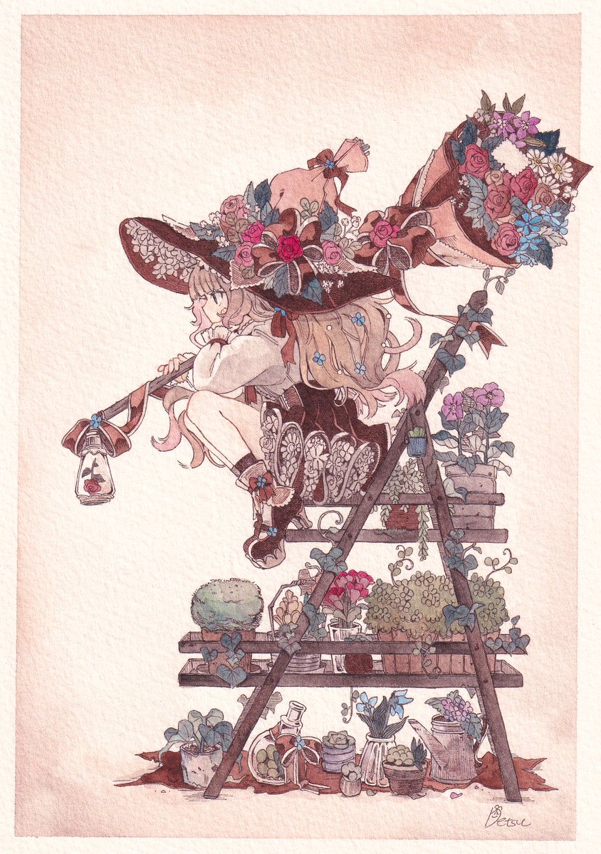 1girl witch hat hat flower hat flower solo long hair  illustration images