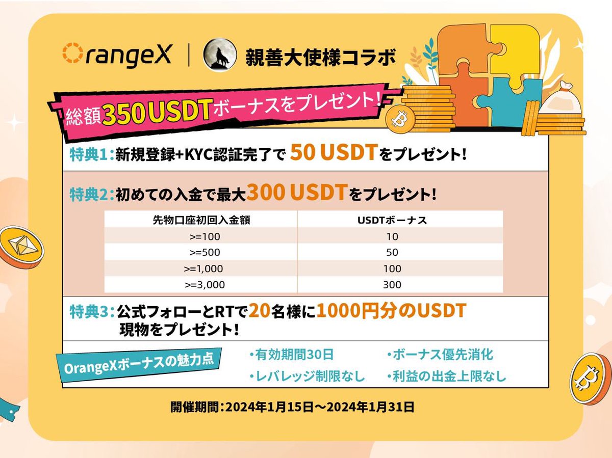 besting_crypto's tweet photo. 🎁20000円ギブアウェイ+全員50ドル体験金キャンペーン🎁

🔥取引所登録不要のお手軽タスクギブアウェイ🔥

 10名様に1000円分のUSDTプレゼント🥳

✅RT & follow @OrangeXJapan
（引用RTで当選率アップ❣️）

⏰1月31日

🐣以下OrangeX激アツ特典一覧🐣

📌特典登録リンク
👇
https://t.co/ugBs0HIJH3

本体験金はレバレッジ制限もない+有効期限も30日で長い上に、条件の軽さに対して貰える額が大きくポジトーク抜きで魅力的なノーリスクチャンスなので、まだ口座持ってなかった方は絶対この機会に貰うべし！

しかも❣️
今後私から登録した方のみに特典が貰えるキャンペーンや取引大会も予定してるのと、私から登録したら手数料20%割引になるので、どうせ登録するなら絶対に私から登録しておくべき！
と胸を張って言えます❣️
是非登録お願いします🥺

🔥特典①🔥
私のリンクから新規登録+KYCで全員に50ドル体験金（人数制限無し）

🔥特典②🔥
先物口座への初回入金（振替）額に応じて以下を付与

100ドル以上入金→10ドル体験金
500ドル以上入金→50ドル体験金
1000ドル以上入金→100ドル体験金
3000ドル以上入金→300ドル体験金

🔥特典③🔥
私のリンクから登録した方でリプにUIDを貼っていただいた方の中から10名様に1000円分の現物USDTをプレゼント

🔥特典④🔥
私のリンクから登録した方は手数料永年20%オフ

🐣以下補足事項🐣

・キャンペーン期間は1月31日23時59分まで。それまでにKYCが承認された方に特典が付与されます。

・特典は条件達成後約3営業日後に付与され、アプリ内の『私の特典』というところから手動で取得する形になります。
メールでも特典付与通知くるっぽいです。

・特典②は先物口座への『初回入金』なので小分けにしないで1発で欲しい特典分を振替してください

🐣今回のキャンペーン体験金ルールまとめ🐣

・レバレッジの制限はなし

・有効期限は1ヶ月

・体験金のみで取引可

・入金キャンペーンで自己資金と体験金が混ざった場合に損失が出たら、体験金から損失が差し引かれます。
つまり入金キャンペーンはノーリスクなので、特典②も積極的に狙ってね。

📌特典登録リンク
👇
https://t.co/ugBs0HIJH3