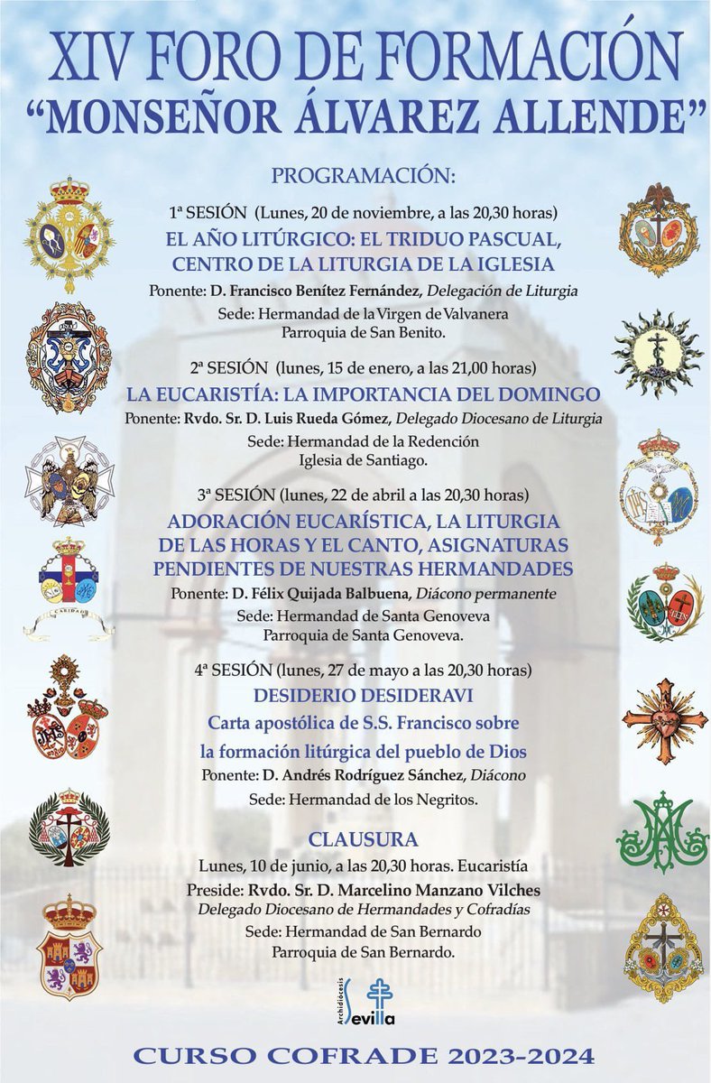 🔴FORO MONSEÑOR ÁLVAREZ ALLENDE Hoy 15 de enero a las 21:00 horas, seguiremos en la @Hdad_Redencion con la II Sesión del curso 2023/2024 ▪️TEMA: La Eucaristía: La importancia del domingo. 🎙Ponente: Rvdo. Sr D. Luis Rueda Gómez (Delegado Diocesano de Liturgia)