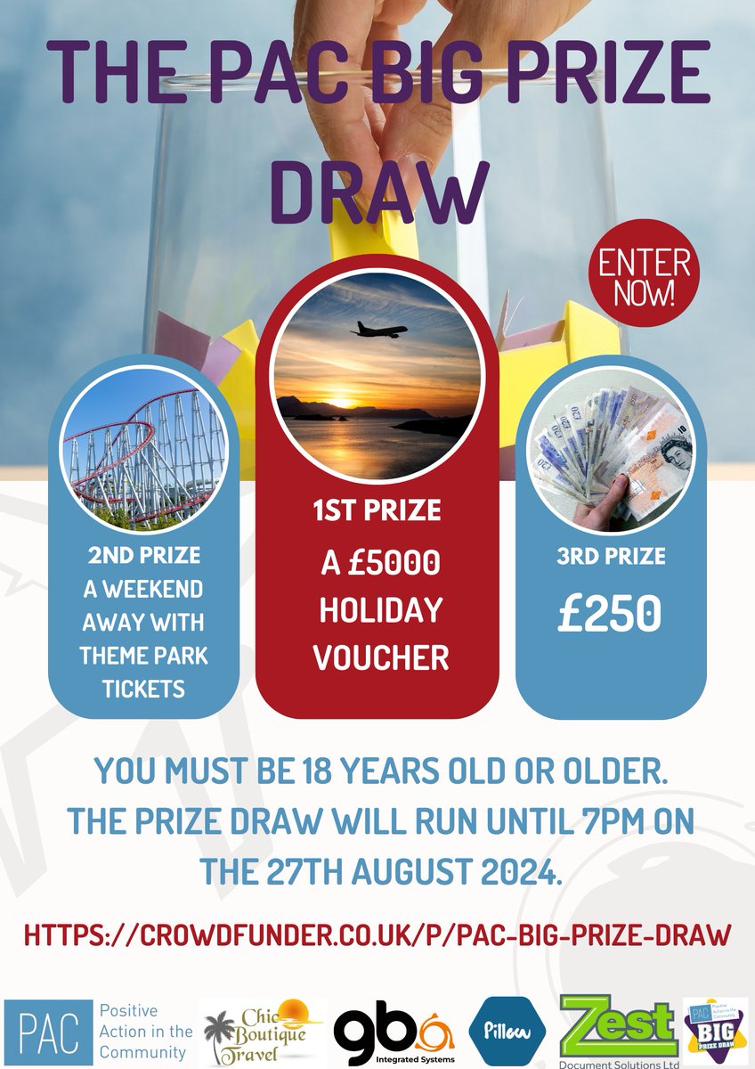 The three prizes are: - A £5,000 holiday voucher. - A weekend away for a family of 4 in the Peak District, including 2, day passes to the Gulliver's South Yorkshire theme park. - £250.00. It is £2.00 per ticket and they are available at crowdfunder.co.uk/p/pac-big-priz…