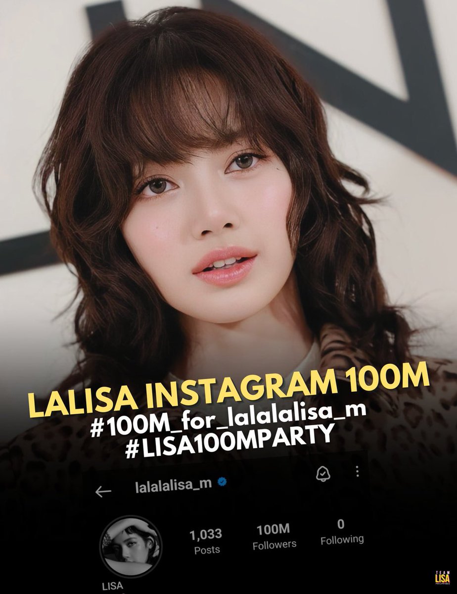 Please consider #LISA’s eligibility as the FIRST K-Pop Act, FIRST Thai Act, FIRST Asian Female Artist, and FASTEST Asian Act to hit 100 MILLION followers on Instagram. Thank you!

LALISA INSTAGRAM 100M
#100M_for_lalalalisa_m
#LISA100MPARTY