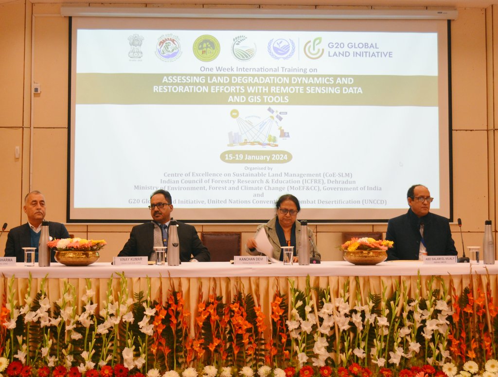 IcfreIndia's tweet photo. Five days Int'l training on “Assessing Land Degradation Dynamics &amp; Restoration Efforts with Remote Sensing Data &amp; GIS Tools” started at CoE on Sustainable Land Management, ICFRE Dehradun on 15.01.24. Around 18 participants from 16 countries are participating in this programme. https://t.co/M7lQMv6uEs