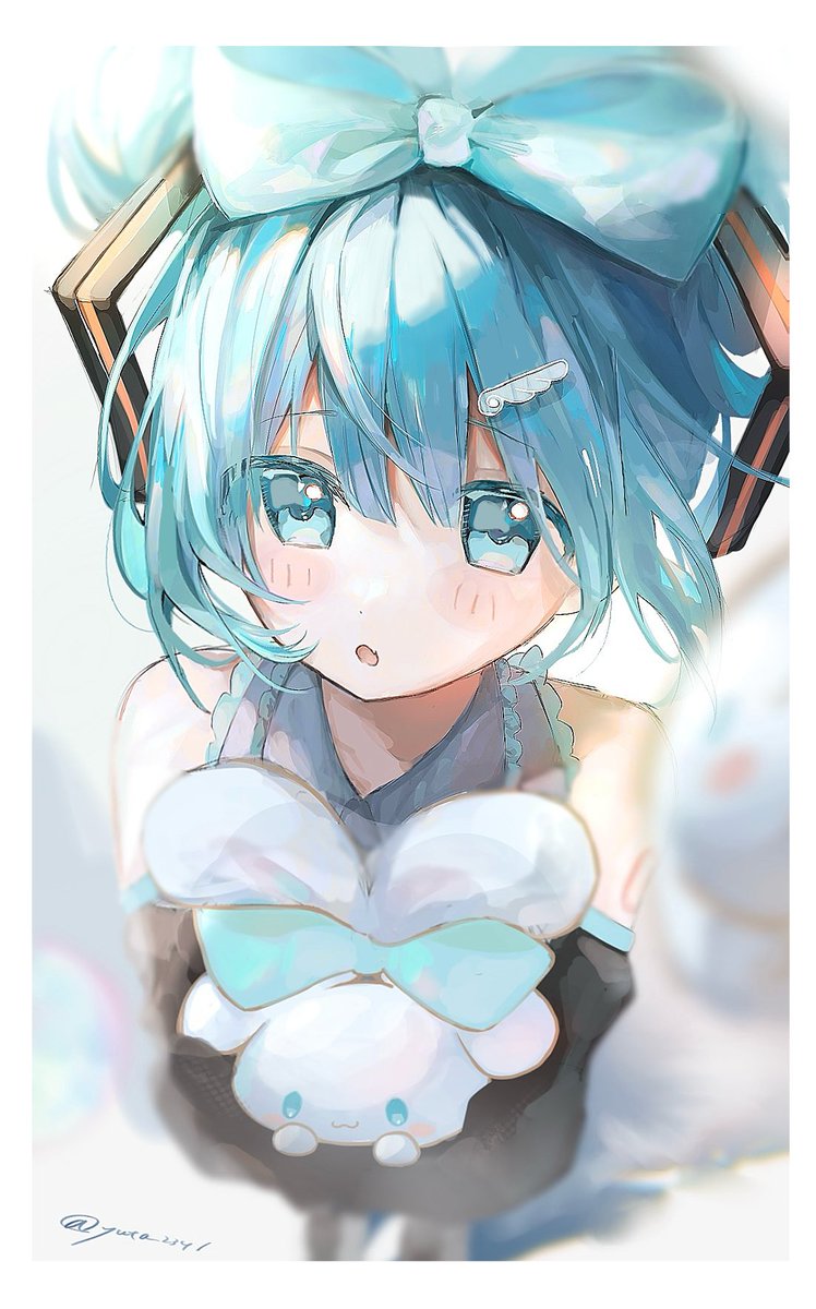 cinnamoroll ,hatsune miku 1girl bow updo looking at viewer shirt detached sleeves hair ornament  illustration images