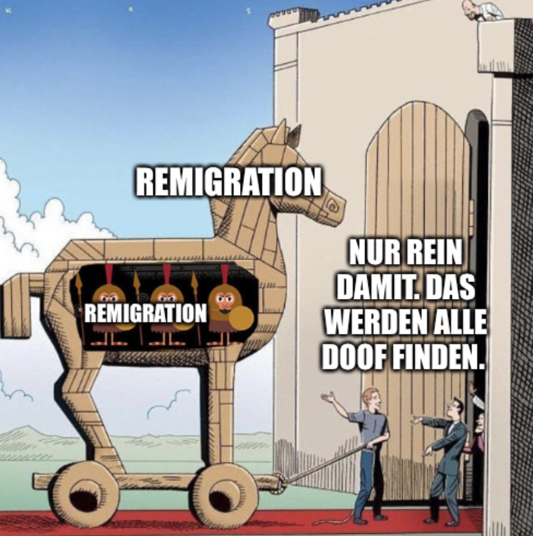 Ich fasse es immer noch nicht. 

Der woke Mainstream trägt einen politischen Diskurs vom rechten Rand in die Mitte der Gesellschaft und vergisst dabei, dass es mittlerweile Vielen Scheiss egal ist was der woke Mainstream darüber denkt. 

#Remigration #UnwortdesJahres