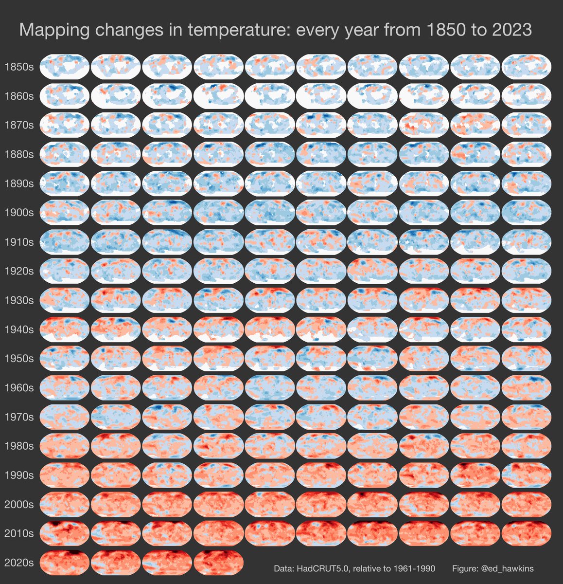 Mapping changes in temperature: every year from 1850 to 2023 2023 was the warmest year on record. This 'small multiples' representation of observed changes in temperature show how the planet is heating rapidly almost everywhere.