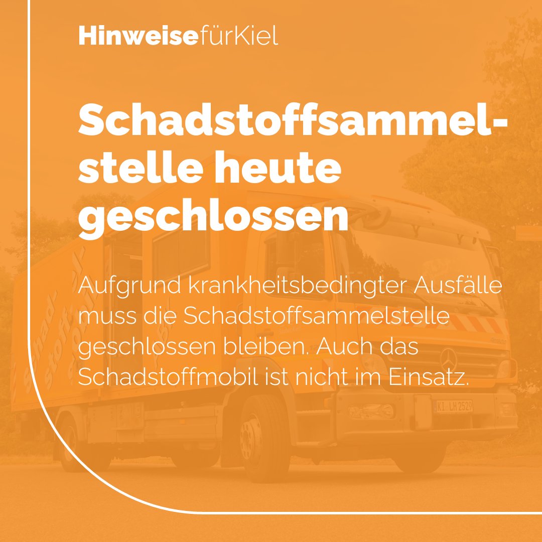 stadt_kiel's tweet photo. Der Abfallwirtschaftsbetrieb #Kiel (ABK) hat weiterhin mit krankheitsbedingten Ausfällen zu kämpfen. Heute muss daher leider die Schadstoffsammelstelle geschlossen bleiben. Auch das Schadstoffmobil ist nicht im Einsatz. https://t.co/AJ5LjADIP8