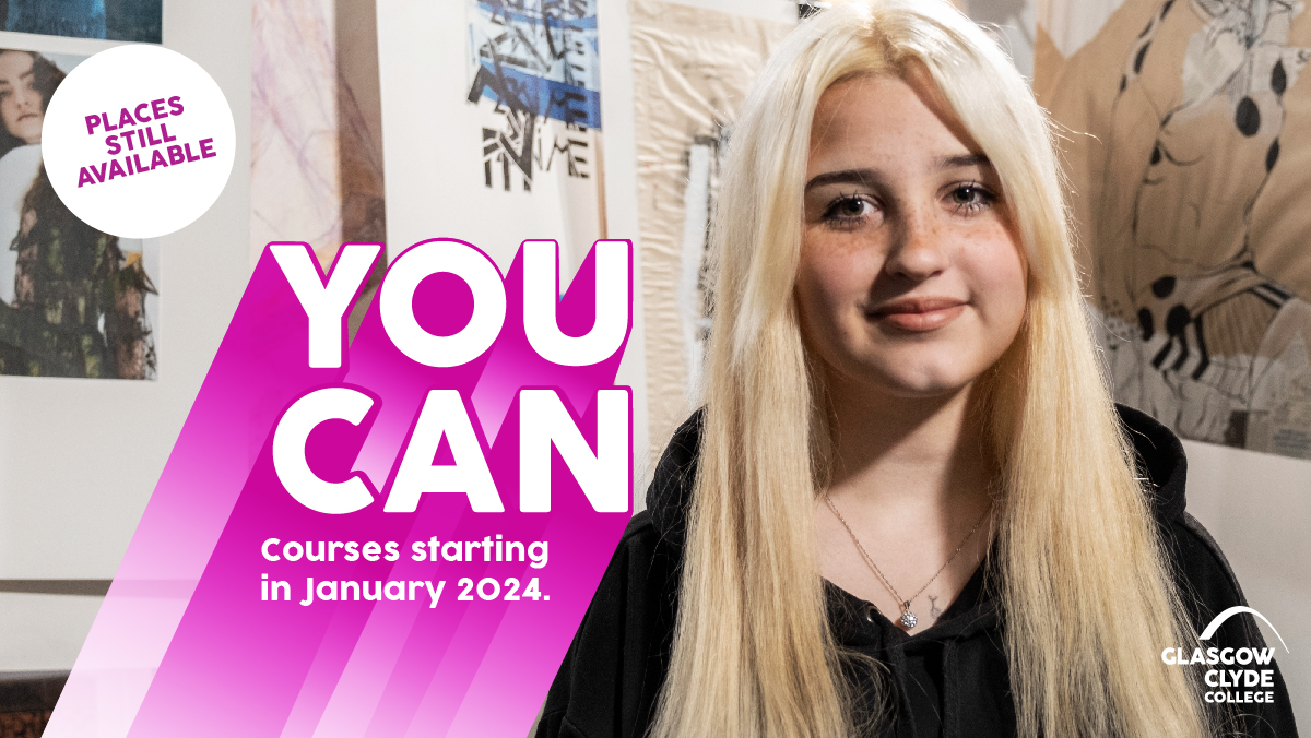 There's still time to apply for courses starting in January. We've places still available on courses to study at our Anniesland, Cardonald and Langside Campuses. Find out more and apply on our website here bit.ly/3tG8hkb #YouCan #JanuaryCourses #StudyWhatYouLove