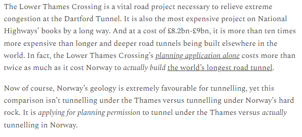 BritainRemade's tweet photo. Not only is the Lower Thames Crossing’s planning application long, but it’s also expensive.

The Government has spent £267 million on the application so far. That’s more than Norway spent actually *building* the longest road tunnel in the world https://t.co/4QEaTNR3B9