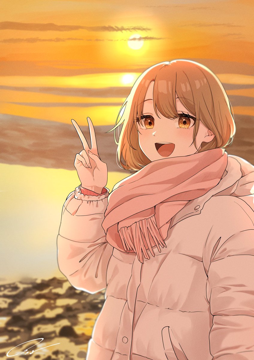 isshiki iroha 1girl solo scarf v smile sunset open mouth  illustration images
