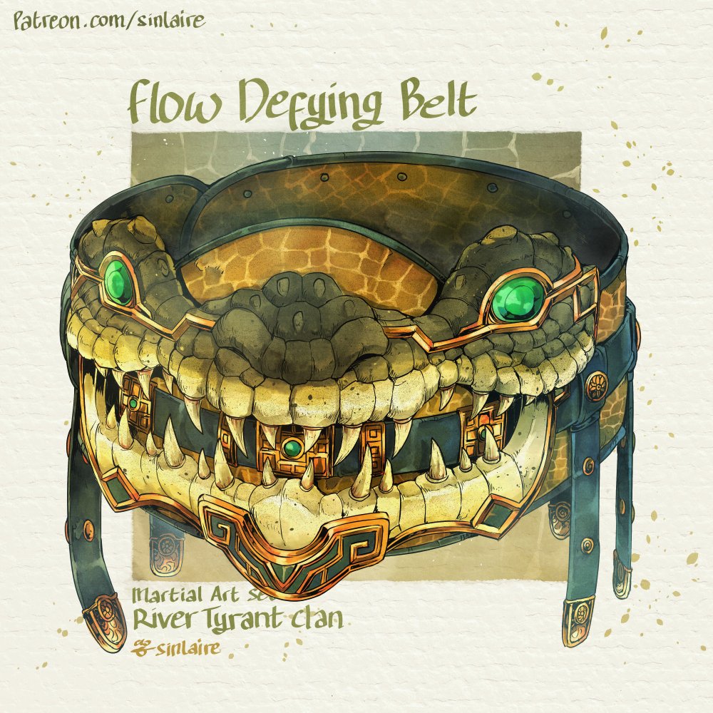 New item sets - Martial Arts Set River Tyrant Clan - Fang of The River Tyrant - River Tyrant Gauntlet - Iron Scale Robe - Flow Defying Belt Hi-res images, and stats are available on Patreon #Patreon #dnd5e #creaturedesign