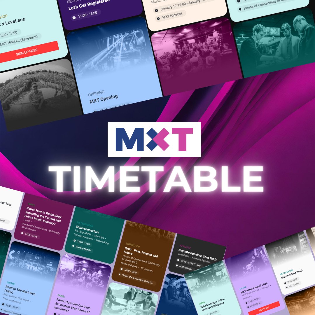 See full timetable here: mxtconference.com/program/timeta…. What are you most excited for?

 Join us at the MXT Hideout this Wednesday starting from 11 AM. Can't wait to see you there!

#mxtconference #mxt #mxt2024 #groningen #esns #conference #innovation #inspiration #connections