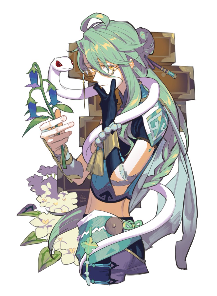 snake long hair flower 1boy male focus green hair beads  illustration images