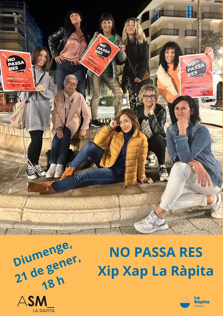 CultuRapita1's tweet photo. Si us vau quedar amb les ganes al mes de desembre, aquest diumenge teniu una darrera oportunitat de xalar amb l'espectacle 'No passa res', de #XipXapLaRàpita.
Entrades a la venda (5 €) a les botigues de Natàlia Guart i Valeria Moda.
#CulturaRàpita24 #teatre #NoPassaRes https://t.co/aGJJL6PHPK