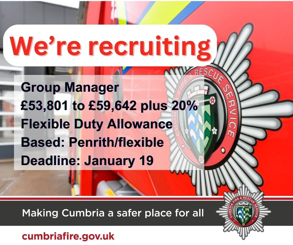 CumbriaFire's tweet photo. Don't miss the chance to apply for our Group Manager vacancy before this Friday's 11am deadline.

For more information and to apply, visit:

https://t.co/QqT0HVAcmf https://t.co/InLqZmWG1G