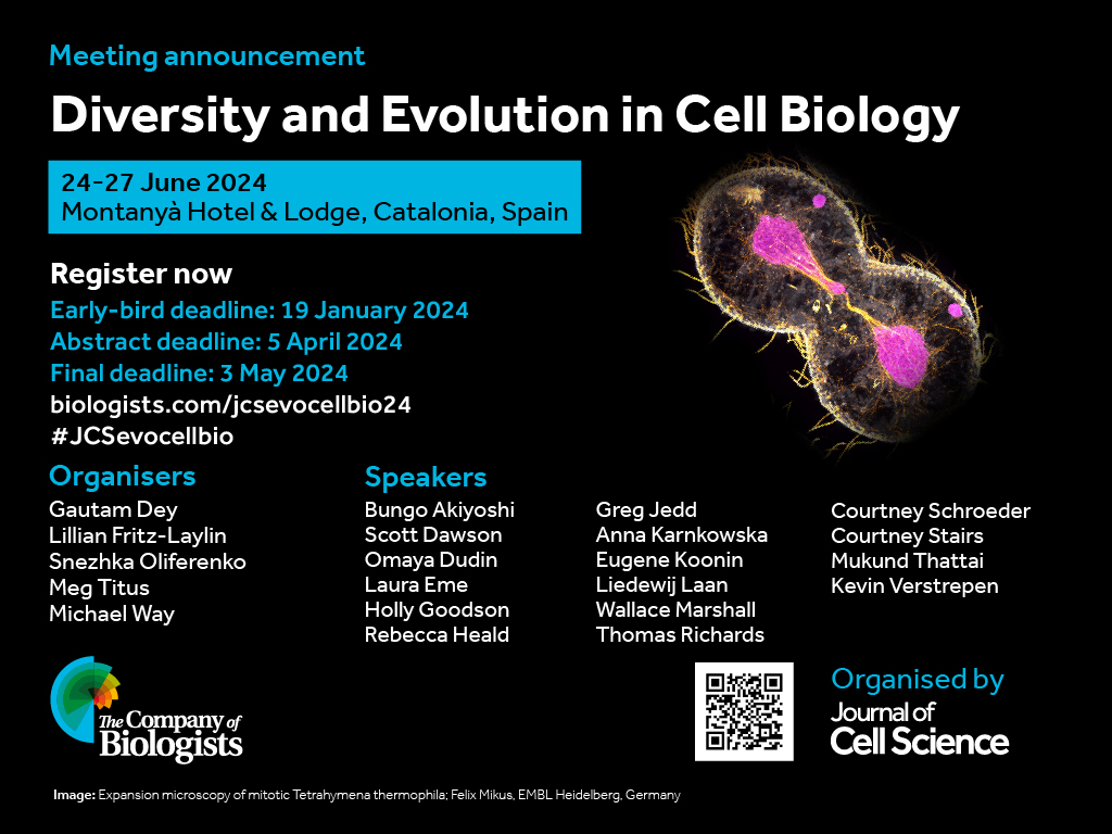 J Cell Science (@j_cell_sci) on Twitter photo Early-bird deadline is Friday 19 January for our 2024 Journal Meeting 'Diversity and Evolution in Cell Biology' organised by Gautam Dey <a href="/Dey_Gautam/">Gautam Dey</a>, Lillian Fritz-Laylin <a href="/FritzLaylin/">Lillian Fritz-Laylin</a>, Snezhka Oliferenko, Meg Titus & Michael Way @DrMichaelWay. Apply at biologists.com/meetings/jcsev… Early-bird deadline is Friday 19 January for our 2024 Journal Meeting 'Diversity and Evolution in Cell Biology' organised by Gautam Dey <a href="/Dey_Gautam/">Gautam Dey</a>, Lillian Fritz-Laylin <a href="/FritzLaylin/">Lillian Fritz-Laylin</a>, Snezhka Oliferenko, Meg Titus & Michael Way @DrMichaelWay. Apply at biologists.com/meetings/jcsev…