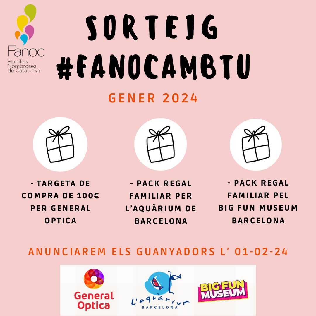 FamiliaNombrosa's tweet photo. Avui iniciem el sorteig de gener 2024 de #FanocAmbTu! Amb els regals de les empreses @AquariumBcn , @GeneralOptica i #BigFunMuseum Barcelona . Participa a través de facebook https://t.co/19ZHLVXMa2 o instagram https://t.co/MUyBJpJTlM

Més info: https://t.co/vGngxUNqk4 https://t.co/xX3Uog46LY