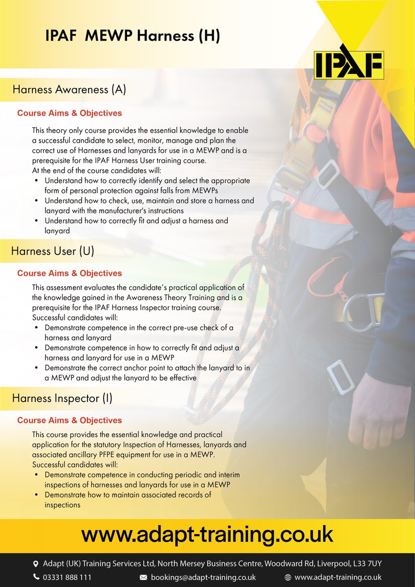 ⚠️ Ipaf Harness Training - Awareness and User
📆 Thursday 18th Jan 
📍 Knowsley Training Centre
✅ Awareness & User 
💷 £125+ vat 
📲 Book today 03331 888 111

International Powered Access Federation (IPAF)
#harness #safety #workingatheight #safetyculture #safetycourses