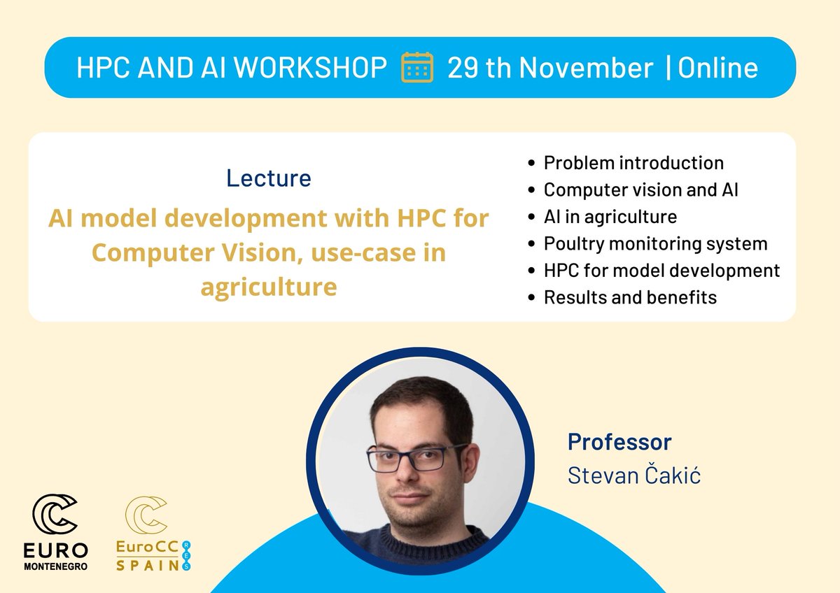 EuroCC_SpainRES's tweet photo. HPC AND ARTIFICIAL INTELLIGENCE WORKSHOP

📅 Save the Date: Jan 29th/ 📎 Online event
✍️ Register for free: https://t.co/KRBmuF5QxA

🔍 Explore #lectures covering topics from computer vision and AI to AI in agriculture, presented by expert #professors. 🤖 https://t.co/3f37JEQNxE