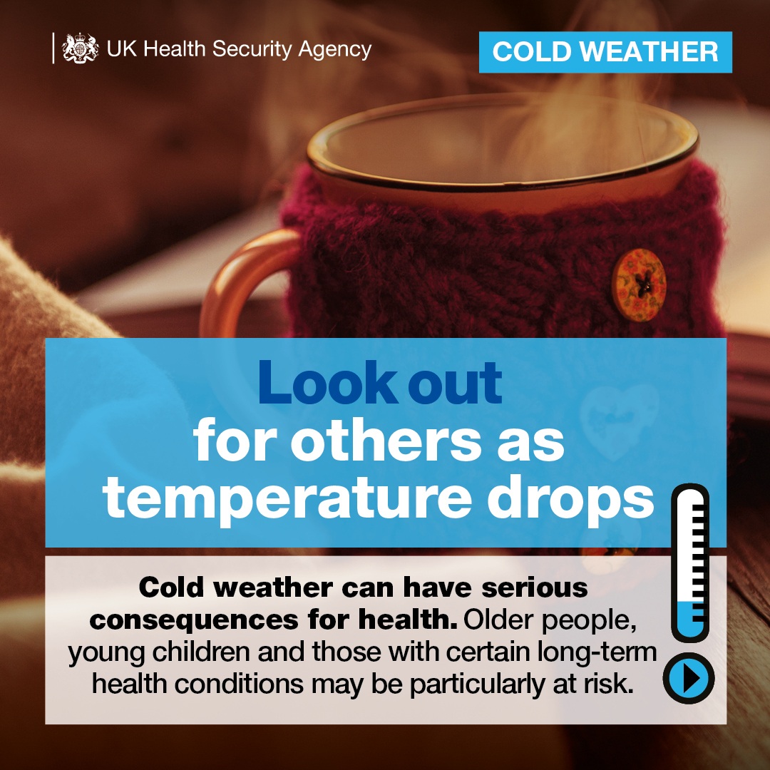 As of midday Sunday 14 Jan, an amber Cold-Health Alert is now in place for the whole of England until midday Friday 19 Jan. Stay up to date with the latest weather alerts from @metoffice and look out for those who may be more vulnerable in the cold. gov.uk/government/new…