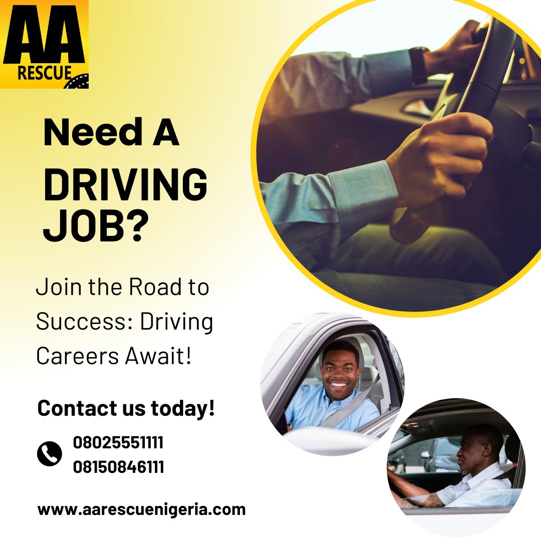 AARescueNigeria's tweet image. Do you need a driving job?

Contact us on 08025551111, 08150846111 or slide into our DM to apply.

#AARescue #AACares #DrivingJob