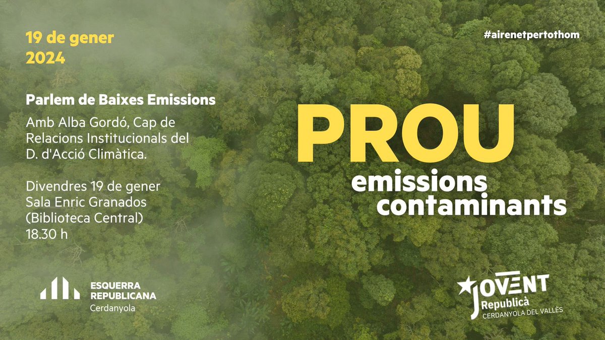 🗣️La contaminació atmosfèrica provoca malalties i retarda el desenvolupament cognitiu de la infància. Divendres parlarem amb @albagordo de com tenir aire net per tothom.
🗓️Divendres 19/01/23
⏰18:30h
📌Sala Enric Granados (Biblioteca)
#Cerdanyola