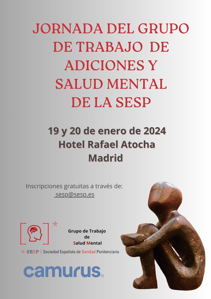 Sanidad_Peniten's tweet image. 📢📢📢¿Todavía no te has inscrito?

Jornada de GdT de #SaludMental y #Adiciones en el entorno penitenciario

🗓️19 y 20 de enero en Madrid
📒Programa: bit.ly/42fffdn
✒️Inscripciones gratuitas a través de:
 📪sesp@sesp.es

#sanidadpenitenciaria #SaludMental #camarus