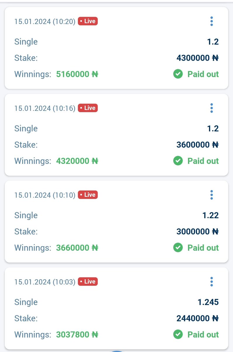 Boooooooom 🔥🔥🔥🔥🔥
500K to 5 Million Naira successful ✅✅✅
4.5 Million Naira profit made ✅

Congrats if you played.
Evidence choke!

Join my next livebet on Telegram 
t.me/loveb3rdx