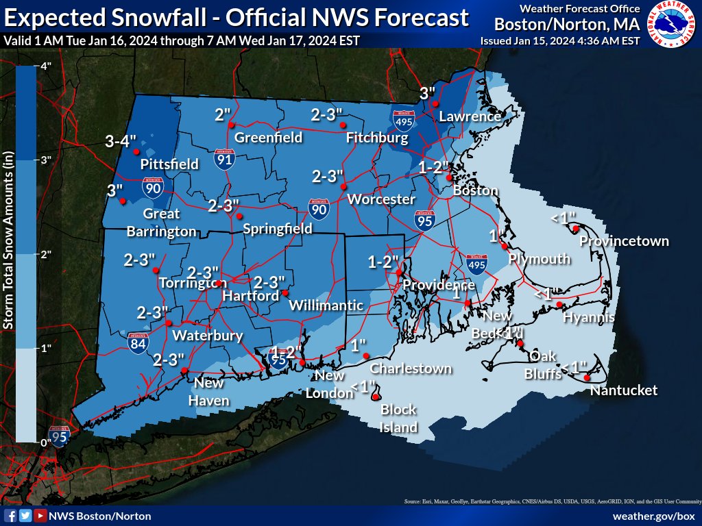 NWSBoston's tweet image. Updated: Monday, January 15th
Heads up: Snow expected around midnight with a chance of sleet, rain, and freezing rain during Tuesday morning commute. 1-3 inches of snow, possibly 4 inches in some areas, ending Tuesday afternoon/evening #MAwx #CTwx #RIwx