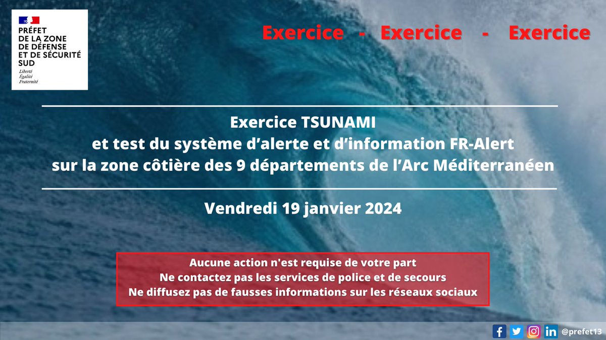 Prefet34's tweet photo. 🌊#Tsunami24| Vendredi 19 janvier un exercice #Tsunami a lieu sur 9 départements de l'arc méditerranéen.
⚠️Pas d’inquiétude, ni de comportement à adopter, c’est un exercice.

Davantage d'informations : https://t.co/vcrYV2eROR https://t.co/KooBabwWWF