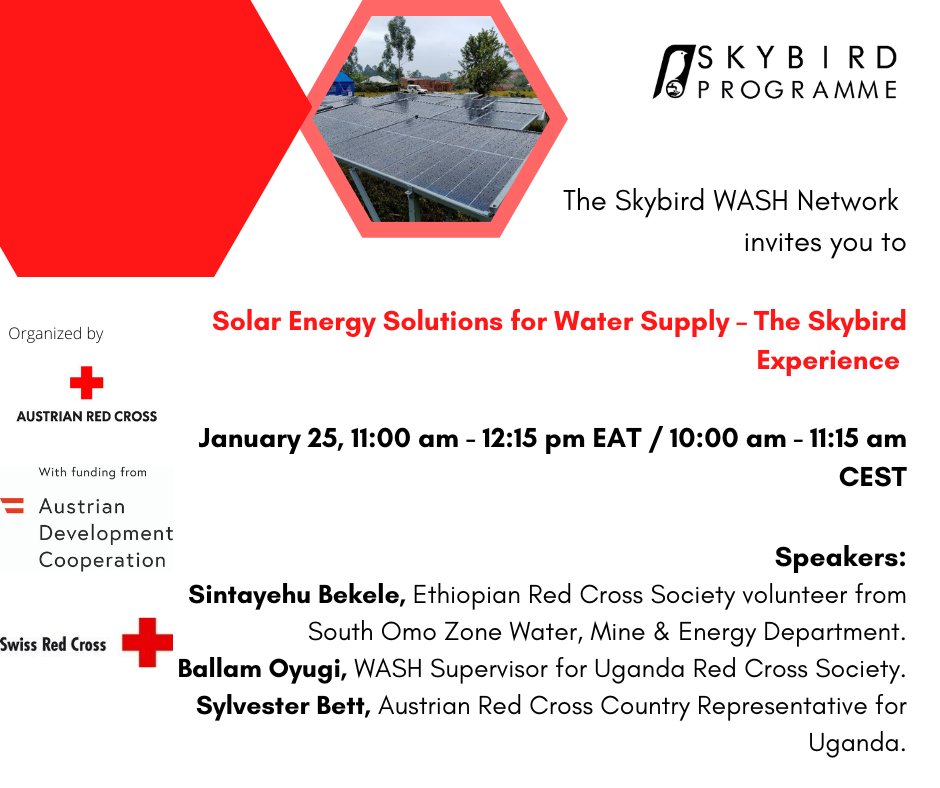 An online session brought to you by the Skybird WASH Network: #SolarEnergy Solutions for #Water Supply – The #Skybird-#RCRC Experience. <a href="/roteskreuzat/">Österr. Rotes Kreuz</a> @AustrianDev <a href="/ADCinUganda/">ADC in Uganda 🇦🇹🇺🇬</a> @ADCinEthiopia <a href="/RotesKreuz_CH/">Rotes Kreuz CH</a>
Register through this link to attend:
teams.microsoft.com/registration/7…