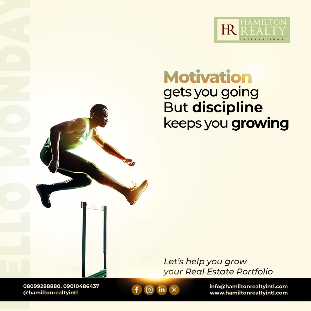 HamiltonRealtyI's tweet photo. Motivation gets you going But discipline keeps you growing.
Happy new week
Be a product of productivity to keep going and invest on your future.
Contact us to know more about our services: http://hamiltonrealtyintl.comYou won’t be disappointed! #hamiltonrealty #realestate https://t.co/Y3KS3YlQ6B