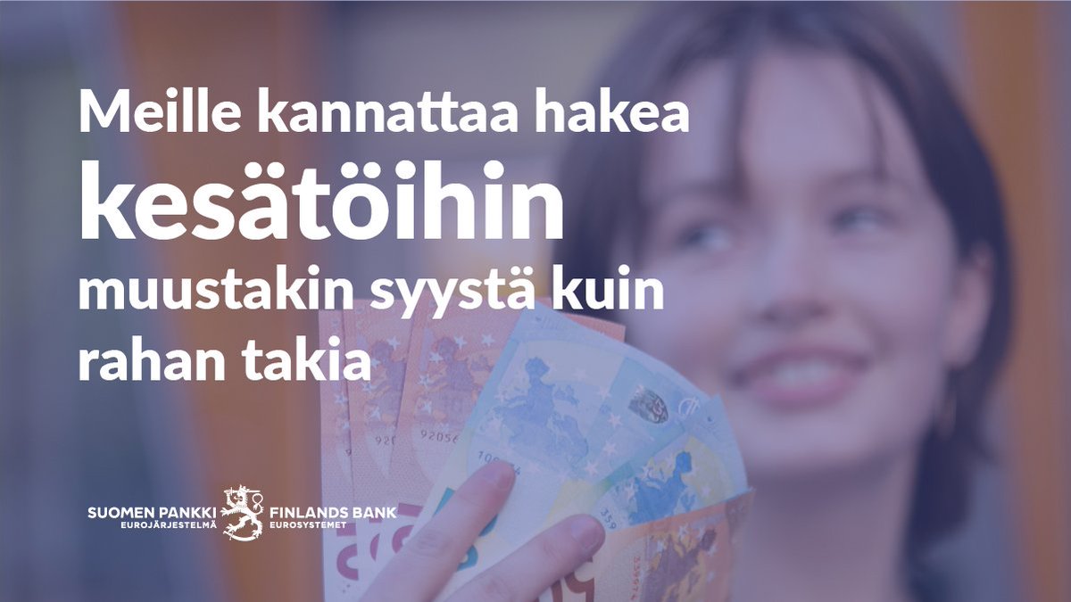 Kesätyöhakumme on alkanut! 😎 

Haemme kesätyöntekijöitä mm. talouden, viestinnän, turvallisuuden ja IT:n tehtäviin.

Tutustu hakuilmoituksiin ja hae viimeistään 4.2.2024
🔗 suomenpankki.fi/fi/suomen-pank… 
 
#VakaaMutteiVakava #PankissaTöissä #kesätyö #kesätöissä