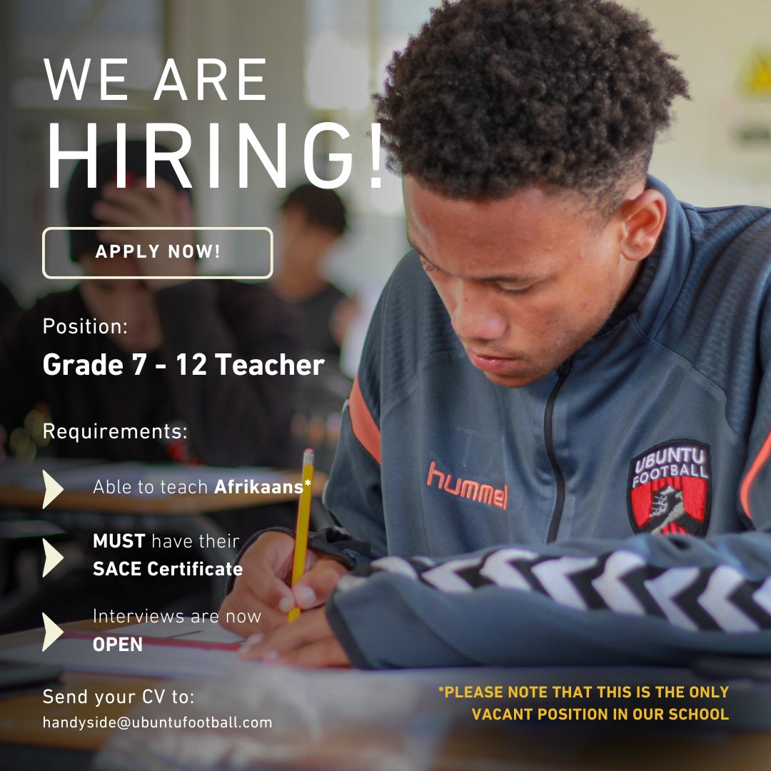 Ubuntu_Football's tweet photo. We have one teaching position vacant in our Academy school! Are you - or someone you know - a SACE registered teacher who loves teaching Afrikaans? If so, then contact our Headmaster at the email provided!
#ubuntufootball #school #teachers #teachingposition #available #capetown https://t.co/gxE1E8wBbR