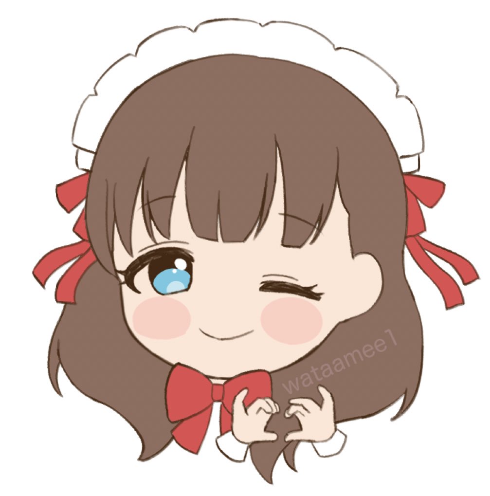 sakuma mayu 1girl heart hands one eye closed solo brown hair heart blue eyes  illustration images