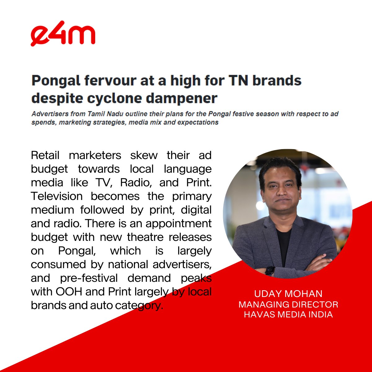 @uday_mohan, MD #HavasMediaIndia decodes the ad land's sentiments around this year’s #Pongal festivities in this @e4mtweets feature. Read the complete article: lnkd.in/gG8JF4NF @Havas @HavasMediaGroup @HavasIndia @mohitjo #MeaningfulMedia
