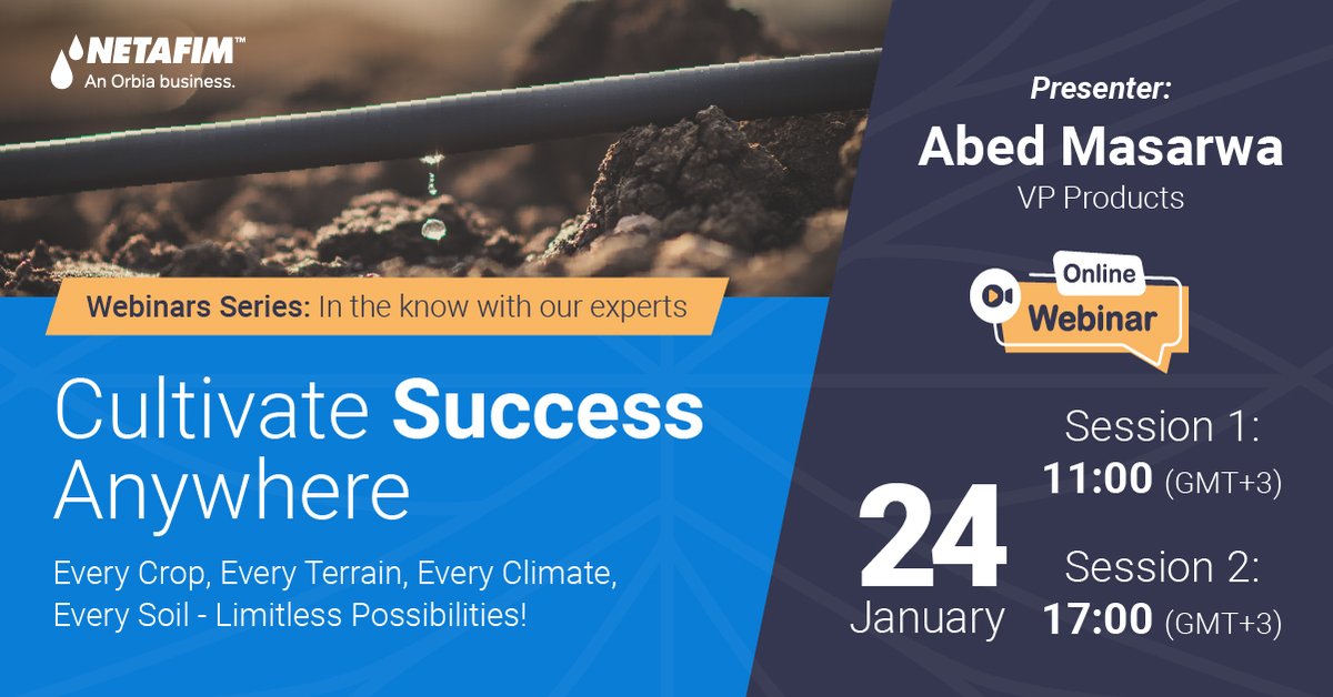 NetafimCorp's tweet photo. New webinar:
Explore Netafim's driplines portfolio with our drip irrigation expert, Abed Masarwa, and join us in taking a step towards a greener and more efficient agricultural future.   
Wednesday, Jan 24th >> https://t.co/M5i6m8ueo8

#dripirrigation #precisionirrigation https://t.co/zHqpnu3tXw